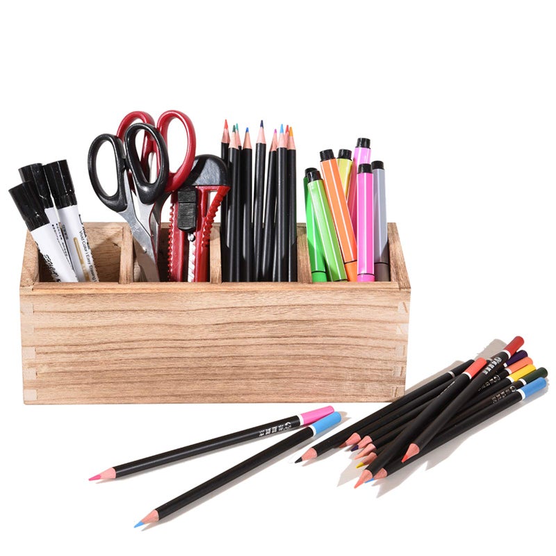 WuGeShop Wooden Pen Pencil Holder for Desk, 4 Compartment Rustic Rectangular Pen Organizer, Wood Desktop Organizer Caddy, Multi Purpose Use for Home School Office Supplies, Stationery - Image 1